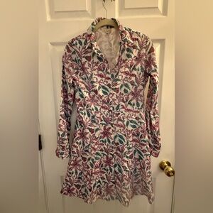 Livro Floral Button-Front Long Sleeve Dress in White with Pink & Teal Print